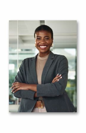 Portrait, happy lawyer and black woman in office for advocate, confidence and business. Arms crossed, legal counsel and attorney clerk with smile at law firm of Nigeria for career growth or justice