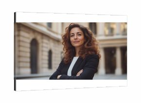 Italian female lawyer standing confidently in front of a courthouse, preparing for an important legal case