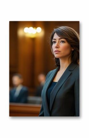 Woman lawyer in courtroom. Serious female attorney in black suit. Professional legal counsel. Justice system, law practice concept. Courtroom drama scene