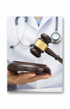 Doctor holding judge gavel, forensic medicine, medical law and crime justice.