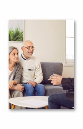Senior couple, happy old people, elderly pair consulting with adviser for guidance or mentorship. Family getting professional consultation, help, support, geriatric management, financial, social work