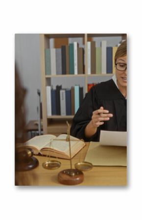Woman judge reading a document while consulting with a client in an office setting indoors with legal books and scales of justice on the desk