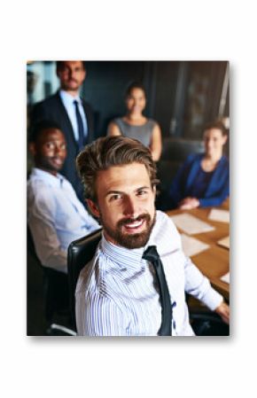 Happy, portrait and professional businessman in office for meeting with team for corporate legal case. Smile, confident and attorney with group of lawyers for collaboration at company in workplace.