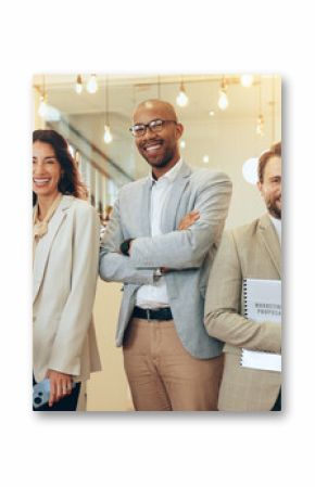 Portrait, confident and group in office, happy and collaboration for law firm, attorney and corporate. Business, proud and teamwork for case, lawyer and legal documents for trial, people and smile