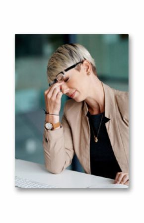 Stress, computer and businesswoman in office with headache for frustration in career. Tired, burnout and female corporate attorney with migraine for overworked fatigue on deadline in workplace.