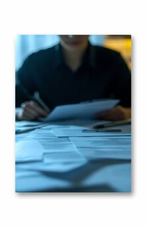Workspace for a public procurement lawyer showcasing sharp focus on tender agreements compliance guides and legal notes while the lawyer remains softly blurred