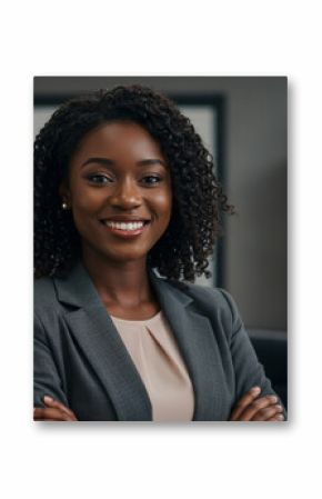 A african american female lawyer, exuding confidence and warmth, standing in a modern office environment.