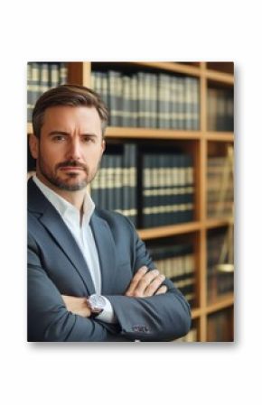 A male attorney stands confidently with his arms crossed, wearing a suit in a well-lit office. Behind him is a bookshelf filled with law books, emphasizing his professional environment
