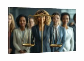 Scales of justice stand before a diverse group of confident legal professionals