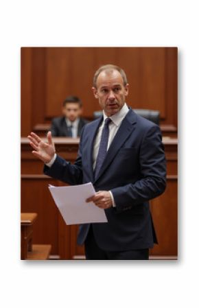 Lawyer making a speech in a courtroom during a trial. The concept is law, justice, courtroom proceedings, and legal defense.