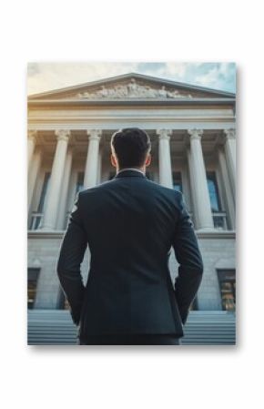 In front of a grand courthouse, a lawyer exudes confidence and determination. Dressed in a tailored suit, he prepares to face a significant legal challenge amidst dramatic skies