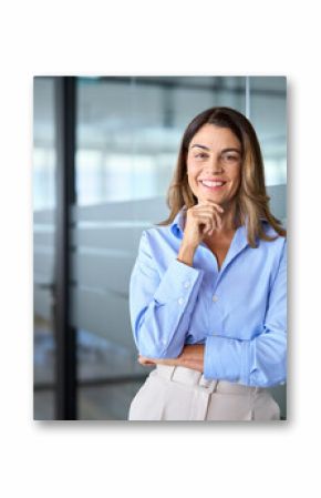 Happy middle aged business woman attorney, smiling 45 years old lady entrepreneur, mature female professional executive, bank manager, corporate leader standing in office looking at camera, portrait.