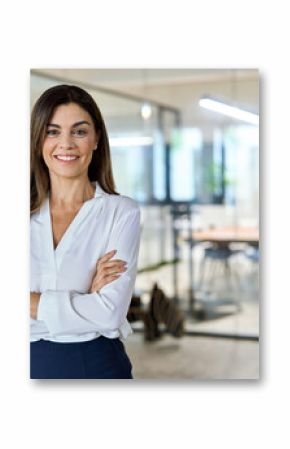 Confident middle aged business woman attorney, 45 years old lady entrepreneur, mature female professional executive manager leader standing in modern company office looking at camera. Portrait.