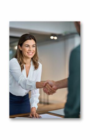 Business handshake concept. Happy middle aged professional woman manager and male client or partner shaking hand expressing trust in b2b partnership at meeting in corporate office. Hiring, onboarding.