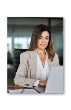 Busy professional business woman of middle age working on laptop in office. Mature female manager executive, entrepreneur or attorney looking at laptop technology analysing sales sitting at desk.