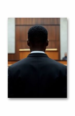 Man in suit stands in courtroom facing judge and jury.