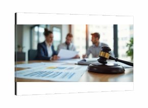 Business meeting with lawyers. People analyze financial data and consult law. Wooden gavel in focus as symbol of justice. Legal advice and paperwork in office.