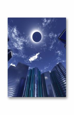 Eclipse over skyscrapers, modern city on eclipse,  3d rendering