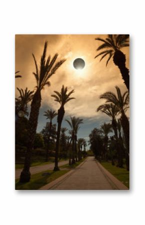 Total solar eclipse, palm avenue in resort city