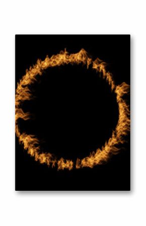 Conceptual yellow orange hot raging blaze of fire, circle round ring flame shape isolated black background. A abstract flammable danger inferno realistic burn fiery heat energy efect 3D illustration