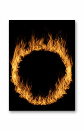 Conceptual yellow orange hot raging blaze of fire, circle round ring flame shape isolated black background. A abstract flammable danger inferno realistic burn fiery heat energy efect 3D illustration