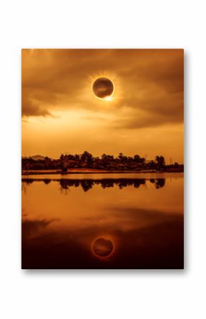 Scientific natural phenomenon. Total solar eclipse with diamond ring effect glowing on sky.