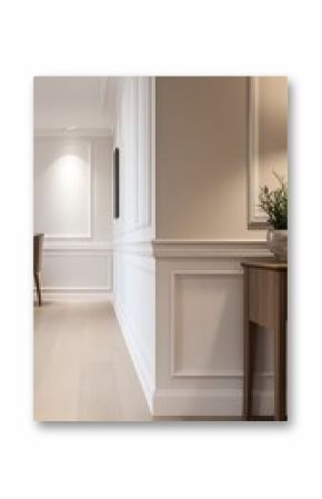 Baseboard corner with wooden floor tiles and matte wall, interior molding detail