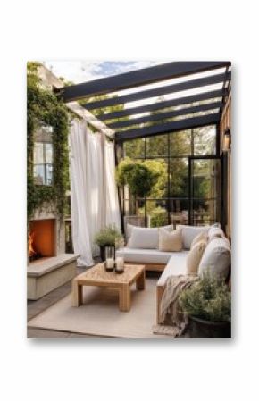 a serene outdoor patio bathed in warm neutral sunlight