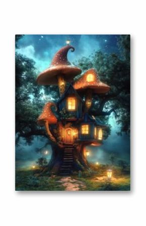 Whimsical Treehouse Adventure in Enchanted Forest with Colorful Mushroom Roofs and Starry Night Sky