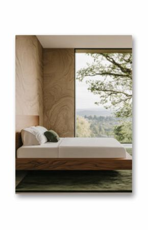 Modern bedroom design with large window and scenic view of nature