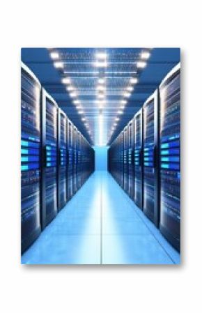 A symmetrical row of computer server racks stretches into the distance of a data center, illuminated by overhead lights, creating a futuristic, technological feel.