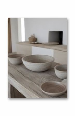 Modern minimalist kitchen stoneware bowls on wooden table