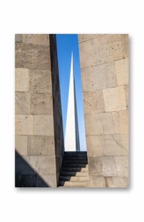 Yerevan, Yerevan Province, Armenia. The Memorial Column (The Reborn Armenia), seen from inside of the Memorial Hall at the Tsitsernakaberd Armenian Genocide Memorial Complex.