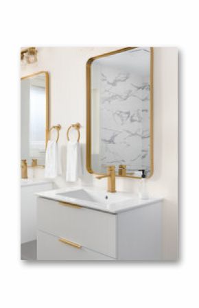 A bathroom detail with a white fluted floating cabinet, gold faucet on a white sink, and a gold mirror with a reflection of a marble tiled shower.