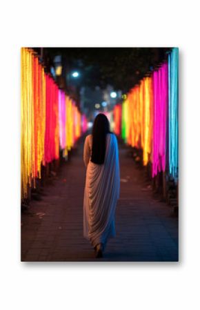 Indian woman in sari made of fiber-optic threads walking through neon monsoon streets spiritual vibe