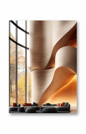 Modern Lobby Interior with Spiral Wooden Staircase and Autumnal Views