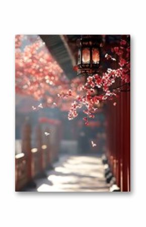 Pink Cherry Blossoms Falling Near Japanese Lantern and Temple