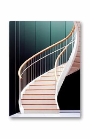 Elegant white spiral staircase with wooden steps against a blue wall