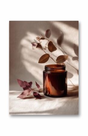Amber jar candle mockup decorated with flowers and plants, creative design preview template for candle branding, organic scented candle with decor