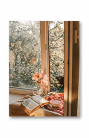 Open book on a wooden windowsill with magnolia flowers, a teacup, and gingham fabric bathed in warm golden sunlight, creating a peaceful morning reading scene