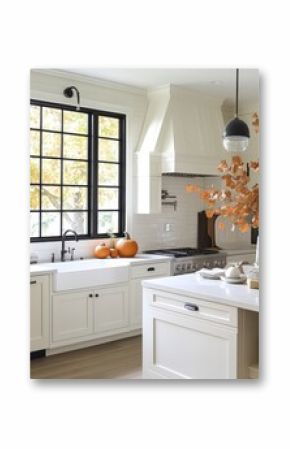 Inviting kitchen design with bright cabinets, pumpkins, island table, and fall leaves near window