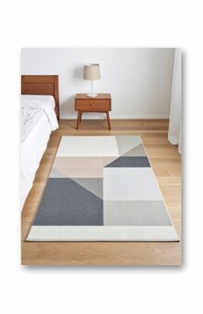 Modern bedroom scene featuring a geometric rug with neutral colors, next to a bed and nightstand. Great for interior design, home decor, or lifestyle concepts.