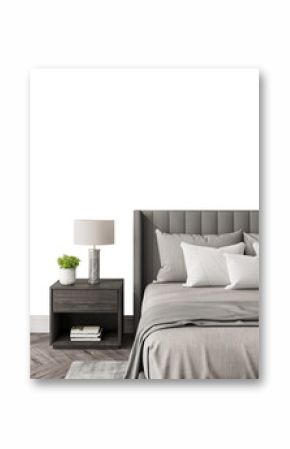 Free PNG wallpaper mockup in Interior Bed Room, Dark Grey Bedroom with Modern Nightstands and Layered Textiles 3D rendering