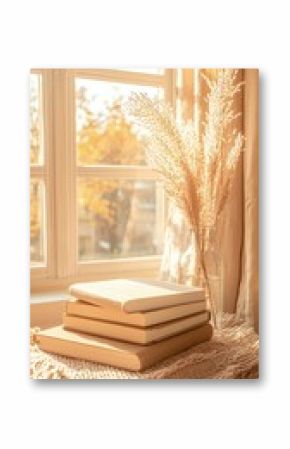 Stack of Beige Books and Pampas Grass on Windowsill in Warm Sunlight