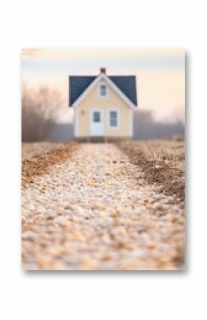 Tiny Farmhouse on Gravel Road in Wide Open Field