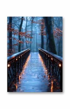 Rainy Night in a Dark Forest: Illuminated Bridge Path