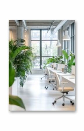 Modern coworking space with greenery creating relaxing atmosphere
