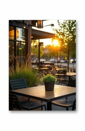 Outdoor cafe setting with sunset view over the cityscape