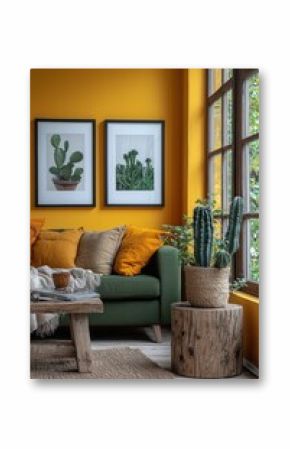 Warm living room interior with mustard tones and cactus-inspired decor