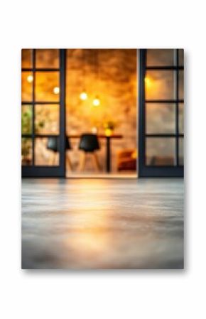 Interior view of dining room with table and chairs seen through doorway from floor level in modern home
